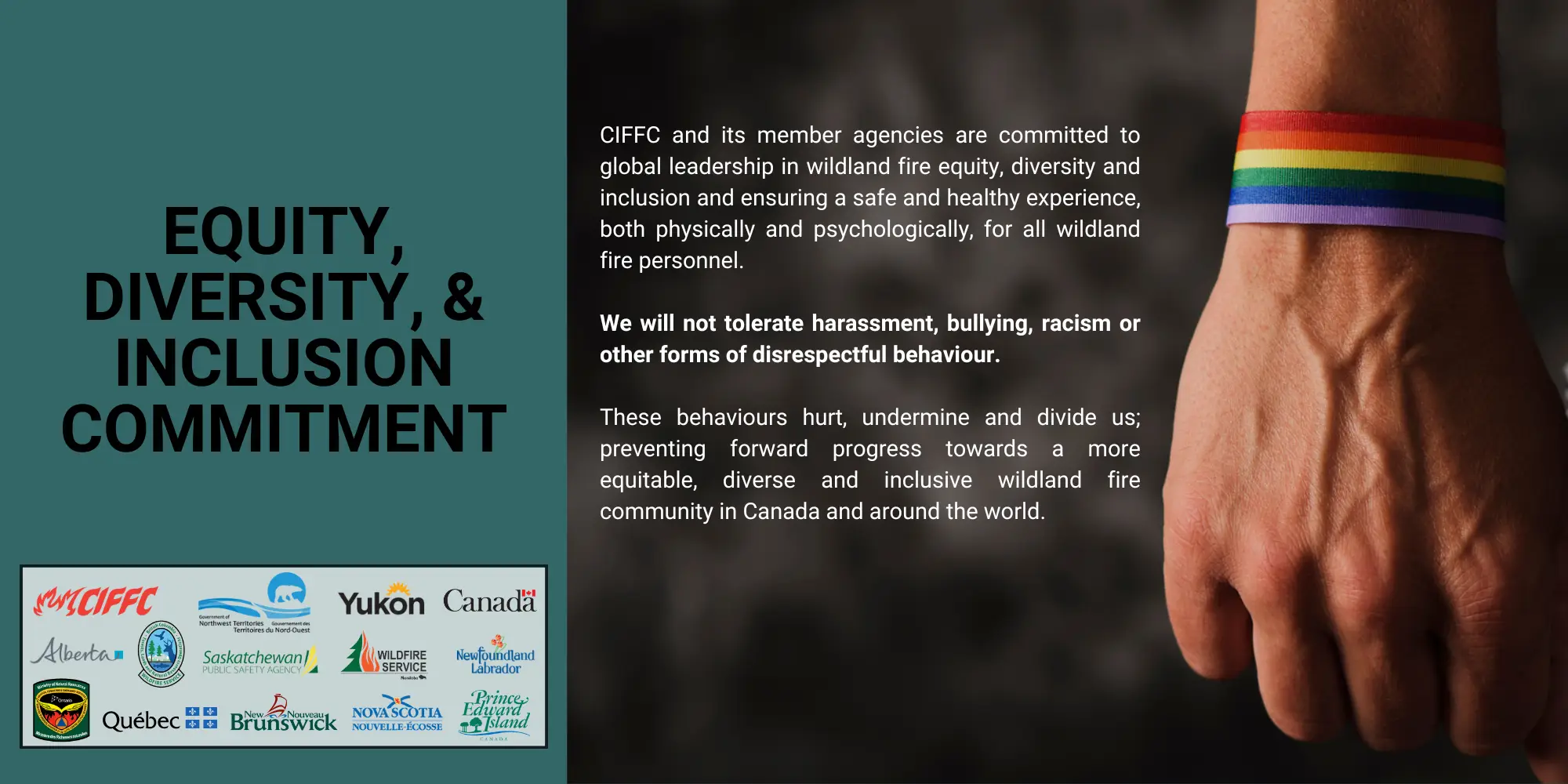 Déclaration EDI FR (2000 x 1000 px) (1) Engagement envers l'équité, la diversité et l'inclusion Le CIFFC et ses organismes membres s'engagent à assurer un leadership mondial en matière d'équité, de diversité et d'inclusion dans le domaine des feux de forêt et à garantir une expérience sûre et saine, tant sur le plan physique que psychologique, pour tout le personnel des feux de forêt.